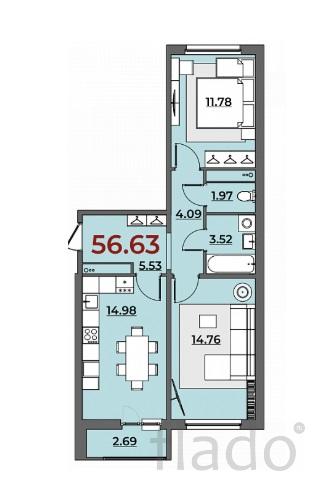 2-к квартира, 57 м², 3/10 эт.