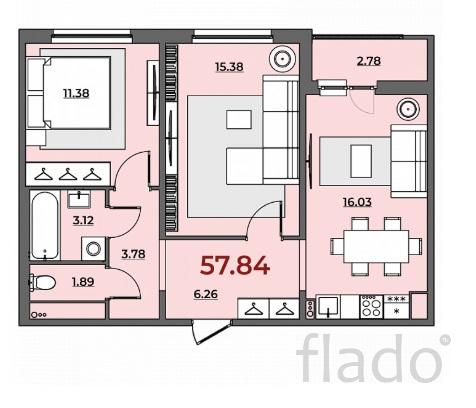 2-к квартира, 58 м², 3/10 эт.