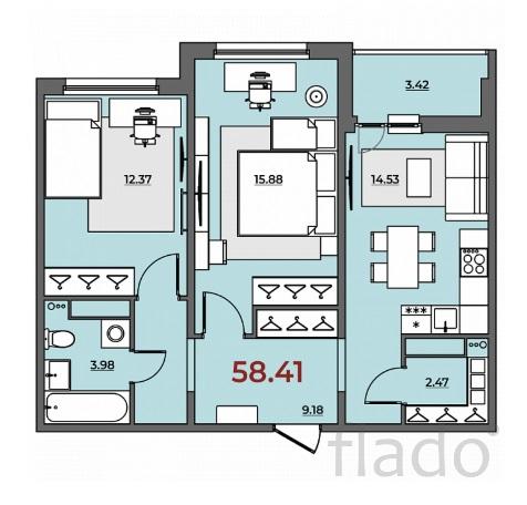 2-к квартира, 59 м², 3/16 эт.