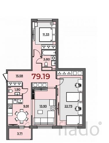 3-к квартира, 79 м², 3/15 эт.