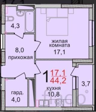 1-к квартира, 44 м², 4/19 эт.