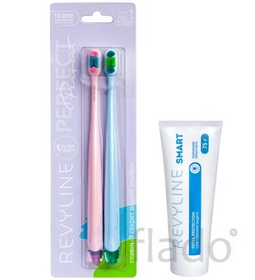Комплект зубных щеток Revyline Perfect, розовая и голубая, и паста Сма