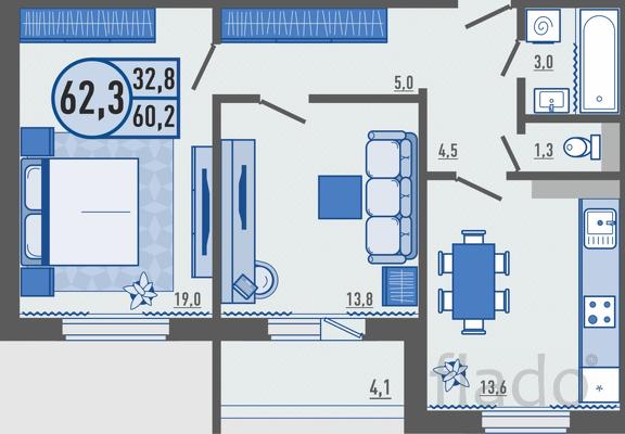 2-к квартира, 62 м², 2/10 эт.