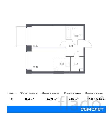 1-к квартира, 43 м², 2/12 эт.