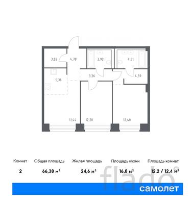 2-к квартира, 66 м², 2/12 эт.