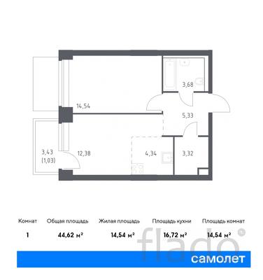 1-к квартира, 44 м², 4/12 эт.