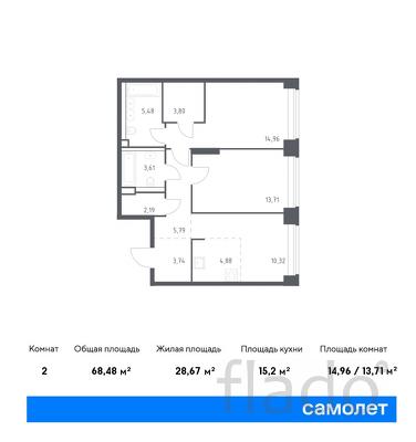 2-к квартира, 68 м², 2/12 эт.