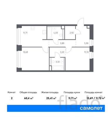 2-к квартира, 60 м², 2/12 эт.