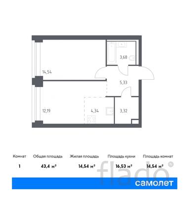 1-к квартира, 43 м², 2/12 эт.