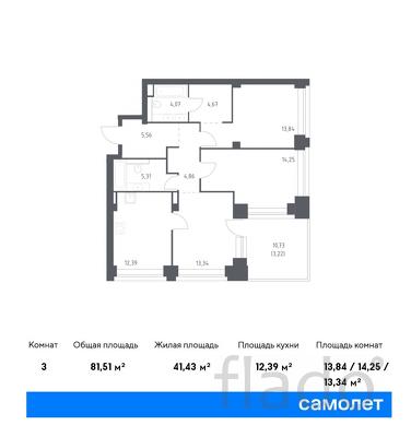 3-к квартира, 81 м², 31/40 эт.