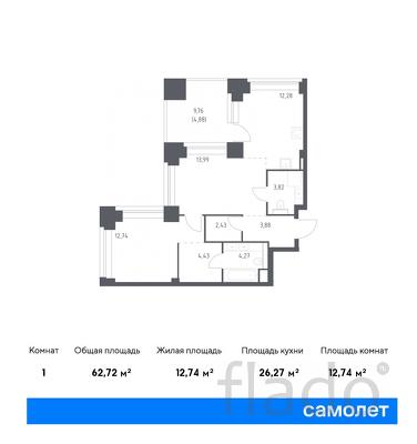 1-к квартира, 62 м², 33/40 эт.