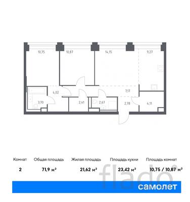 2-к квартира, 71 м², 2/32 эт.