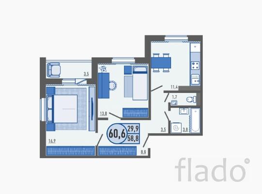 2-к квартира, 60 м², 2/6 эт.