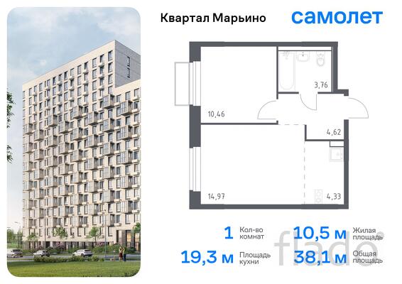 1-к квартира, 38 м², 5/17 эт.