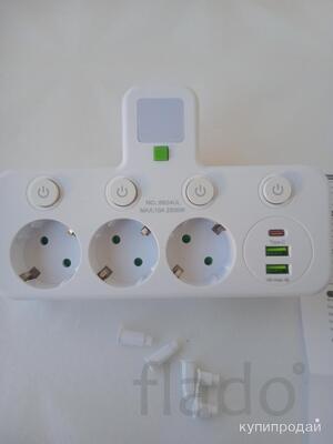 Розетка накладная тройная с ночником, USB зарядкой