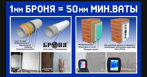 Сверхтонкая тепло-гидроизоляция Броня. 1мм-50мм мин. ваты